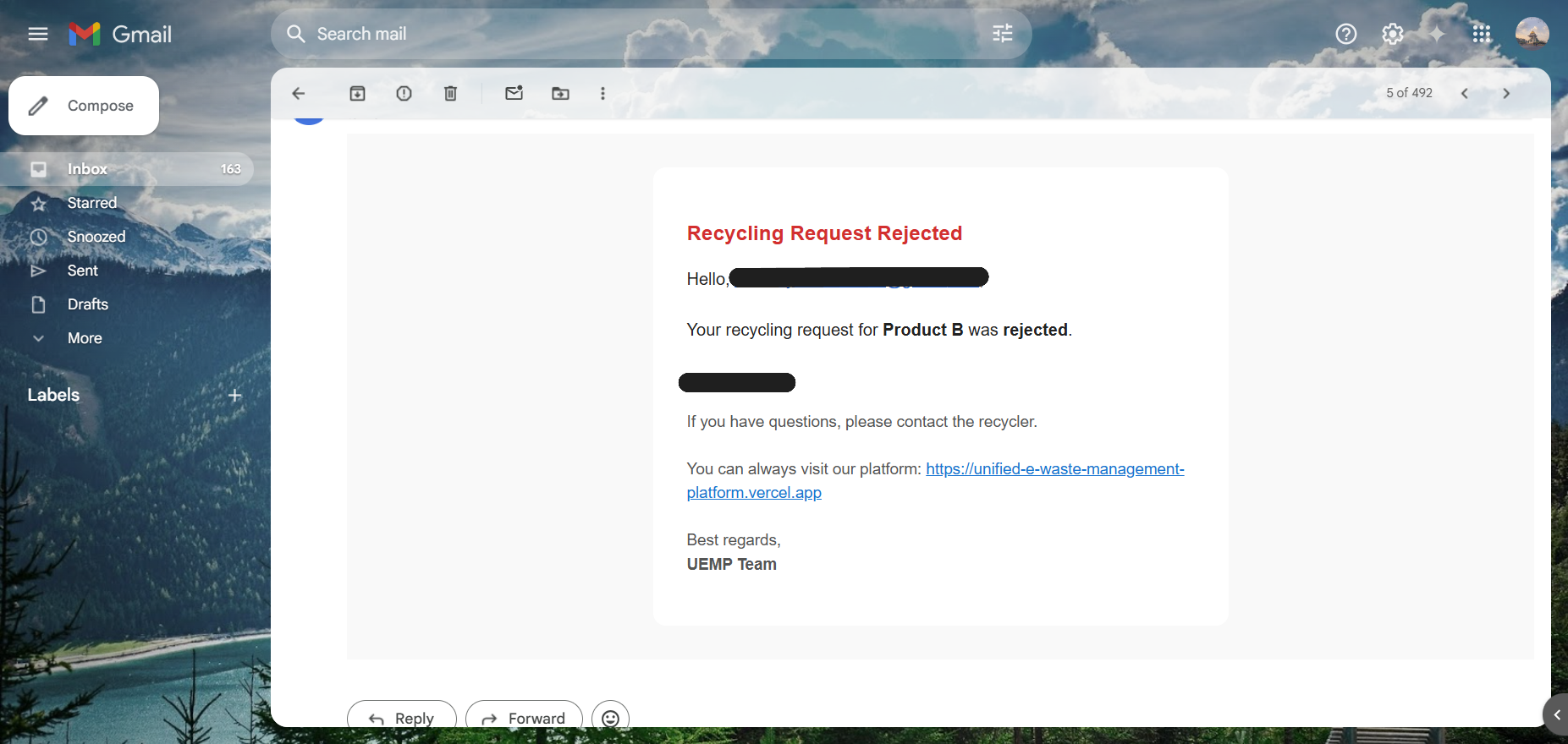 Recycling request rejection email